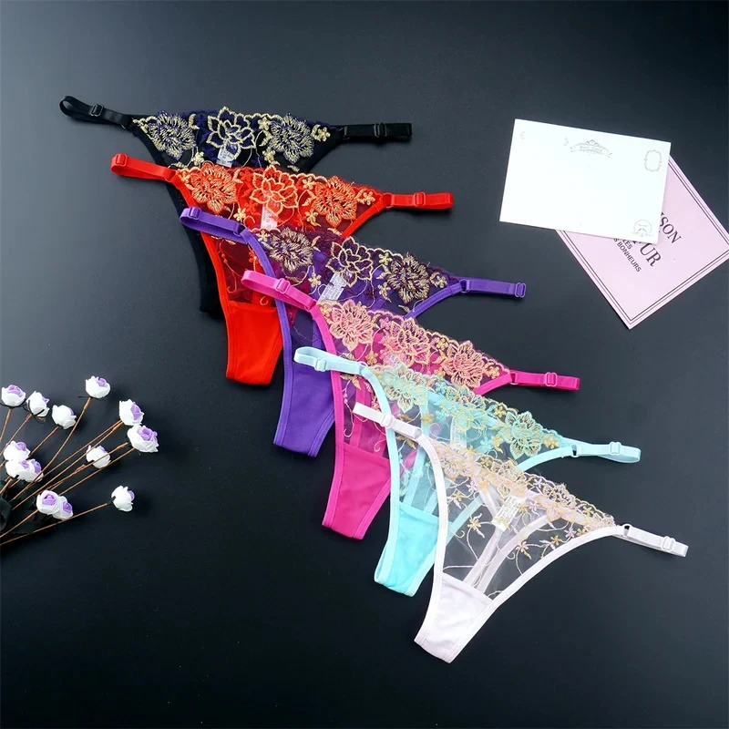 3PC Adjustable Transparent Lace Women Thong Thin Strap Embroidery Floral G-string Sexy See Through Mesh Ladies Panties Plus Size