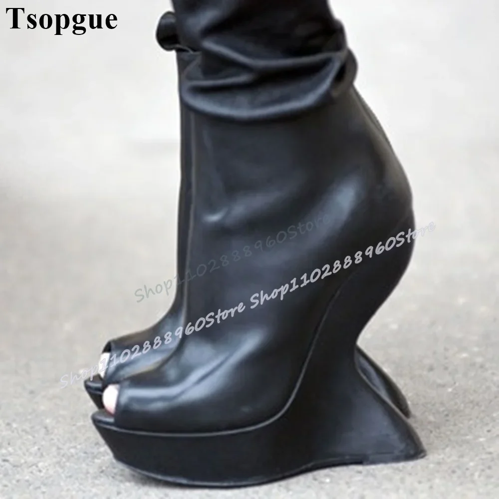 

Black Leather Platform Stylish Pumps Strange Style Heel Shoes For Women Side Zipper Peep Toe Occidental Casual Party Pumps