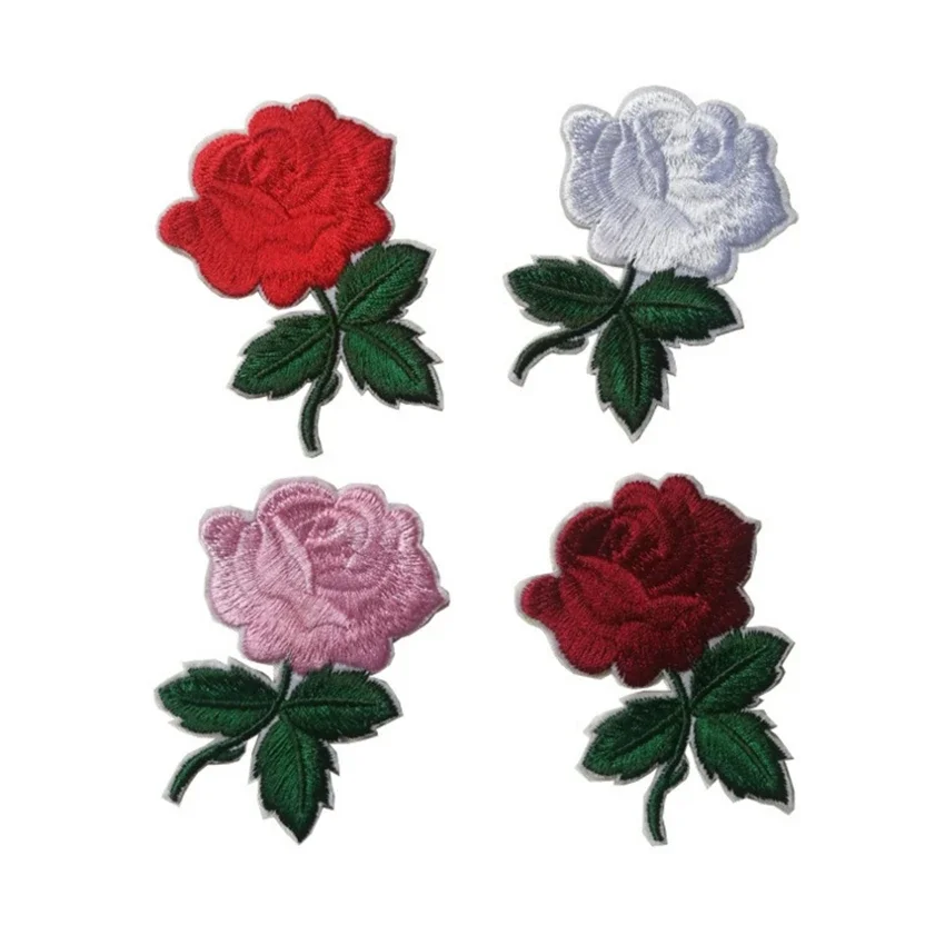 Parches 4pcs Deep Red Roses Flowers Floral Retro Boho Love Hippie Applique Iron-on Patch Fabric Flower Motif Children Decal