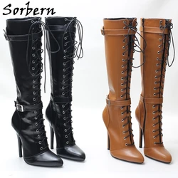 Sorbern Vintage Pointed Toe Boots Women Knee High 14Cm Stilettos Heels Multi Color Unisex Fetish Shoes For Sisy Girls