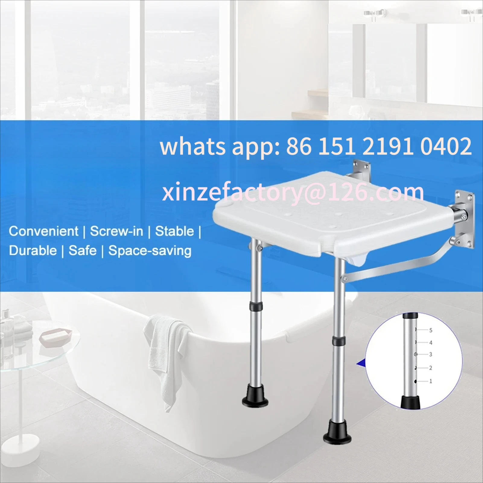 

Customizable Height Adjustable Wall Mounted Flip-up Screw-in Bathroom Seat Chair For Elderly Senior Disabled Folding