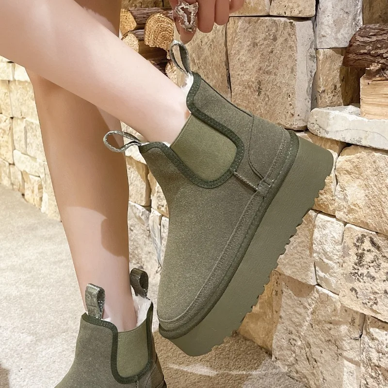 2024 New Solid Color Thick-soled Hot-selling Shoes Women\'s Sleeves Women\'s Boots Winter Round-toe Plush Warm Short Snow Boots