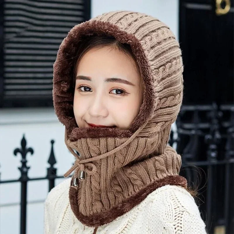 Women Fashion Warm Winter Knitted Hat Scarf  Women Warm Mask Thick Girl Female Caps Fashion Accessories