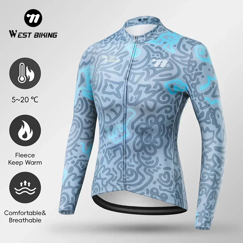 WEST BIKING Autumn Winter Men Cycling Jersey Long Sleeve Thin Brushed Fleece Shirt S-3XL Men Tops Bicycle Clothes Back Pockets