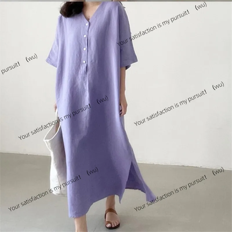 

Gentle purple cotton and linen dress women's summer medium sleeves loose large size fat man fat mm belly covering linen ramie