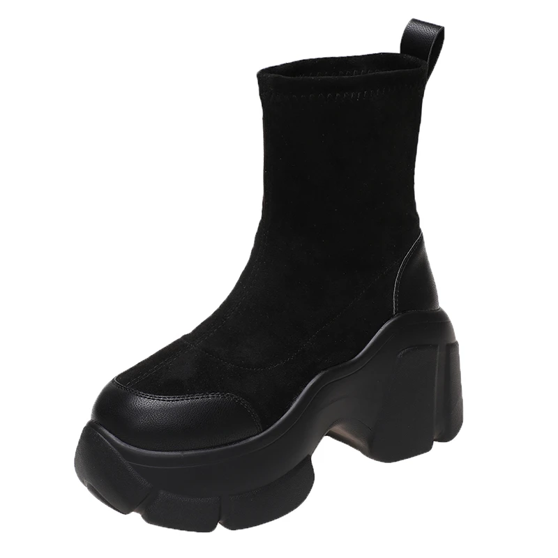 Botas de inverno para as mulheres 2022 sapatos de luxo preto chunky saltos meias botas femininas dedo do pé redondo antiderrapante camurça botas de couro mujer 9cm