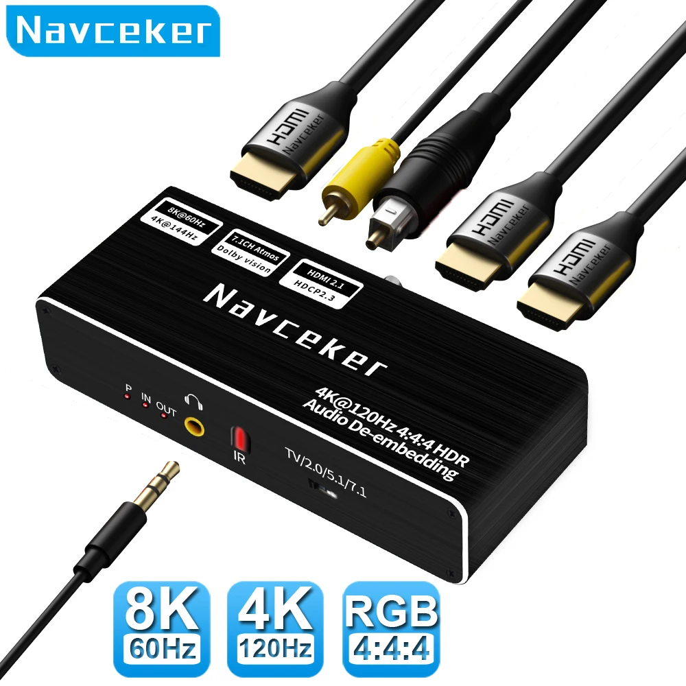 Navceker 8K 60Hz HDMI Audio Extractor 4K 120Hz RGB 4:4:4 HDMI 2.1 Audio Splitter Converter 7.1 Atmos De-embed for PS5 XBox