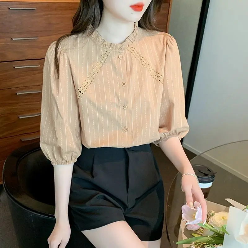 جديد الصيف النمط الفرنسي الخشب الفطريات الرقبة فضفاضة القطن المرأة قميص مزاجه خمس نقاط كم بلون أعلى