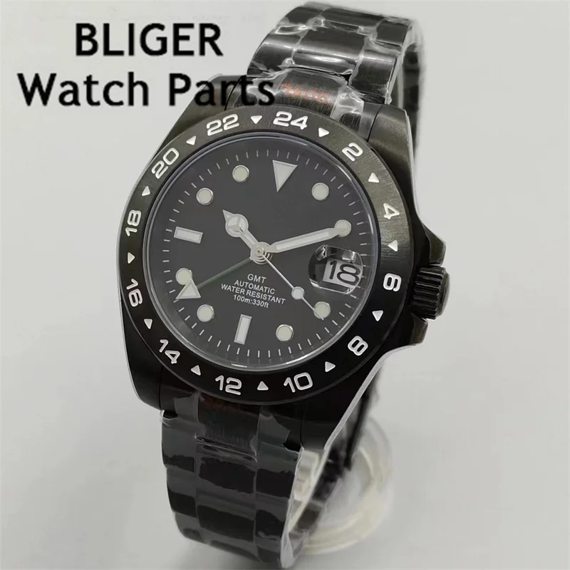 BLIGER 40mm NH34 Men's mechanical watch green luminous white dial sapphire glass stainless steel Oyster strap