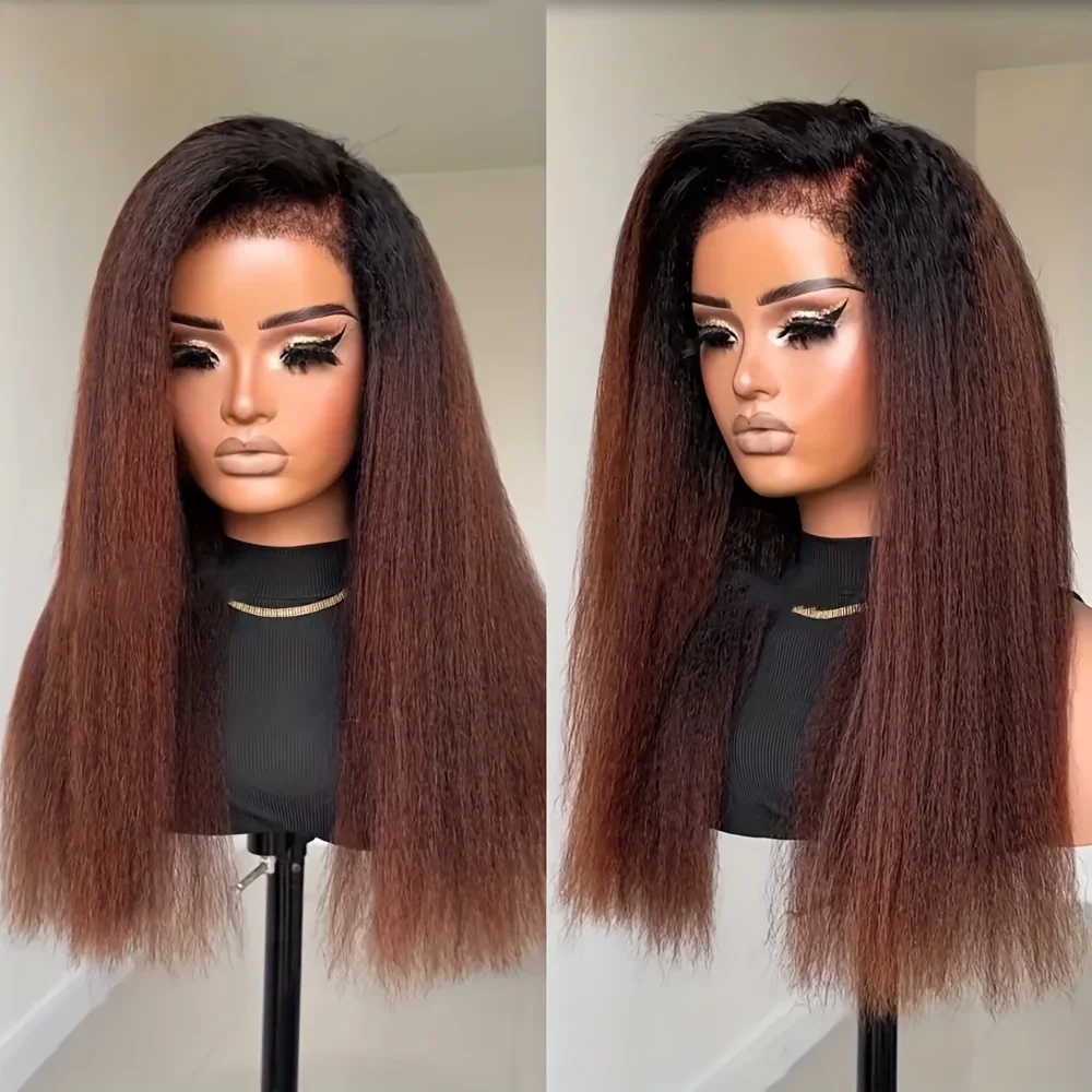 

26 Inch Brown Ombre Yaki Straight Synthetic Fiber Wig 180 Density Lace Front with Baby Hair for Women Deep Part Daily Wear