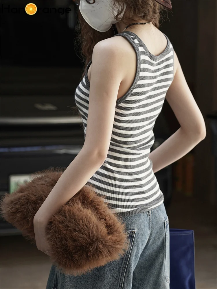HanOrange 2025 Autumn Fashion U-neck Slim Fit Tank Women Sleeveless Top White/Black/Floral Gray/Gray White Stripes