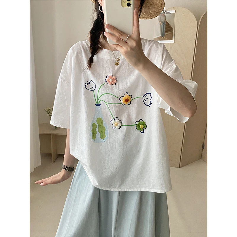 

Стереоскопическая футболка с цветочным узором и коротким рукавом, летняя новинка 2026, свежий повседневный свободный пуловер с круглым вырезом, красивый белый топ