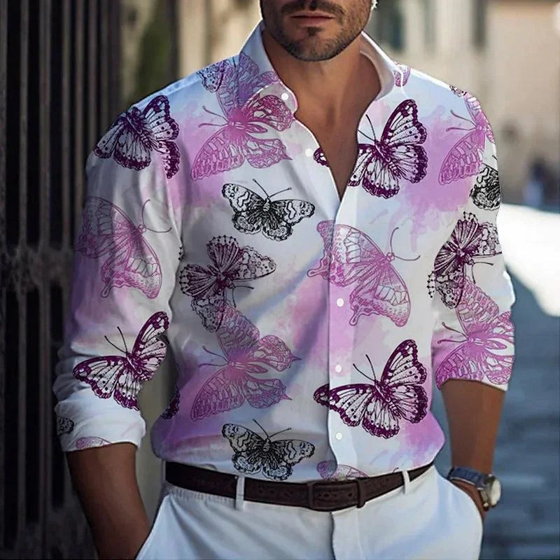 

2024 Men's Butterfly Shirt Comfortable and Soft Long Sleeve Shirt Daily Wear Top Stylish Button Design Breathable