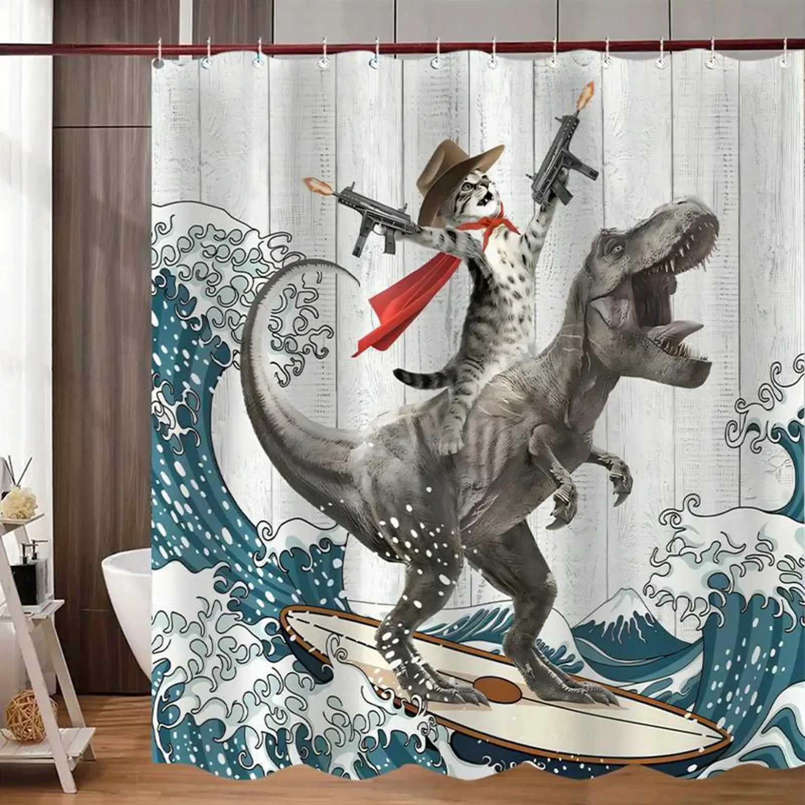 

Fun Shower Drapery 72x72inch Home Decor with 12 Hooks Cat Riding Dinosaur Bathroom Shower Drape for Kids Teens Homeowners