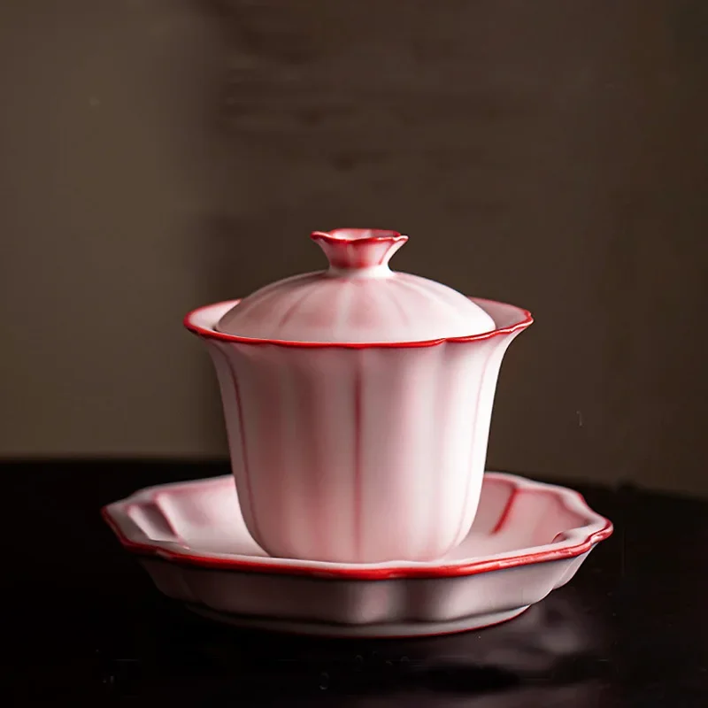 140ML Lard Red Pink Ru Kiln Sancai Cover Bowl High-end Light Luxury Kung Fu Tea Set Handmade Tea Bowl Gift Box Craft Ornaments