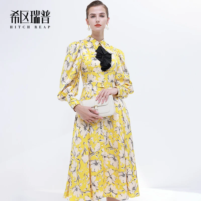 

Shirt neck bubble sleeve floral dress