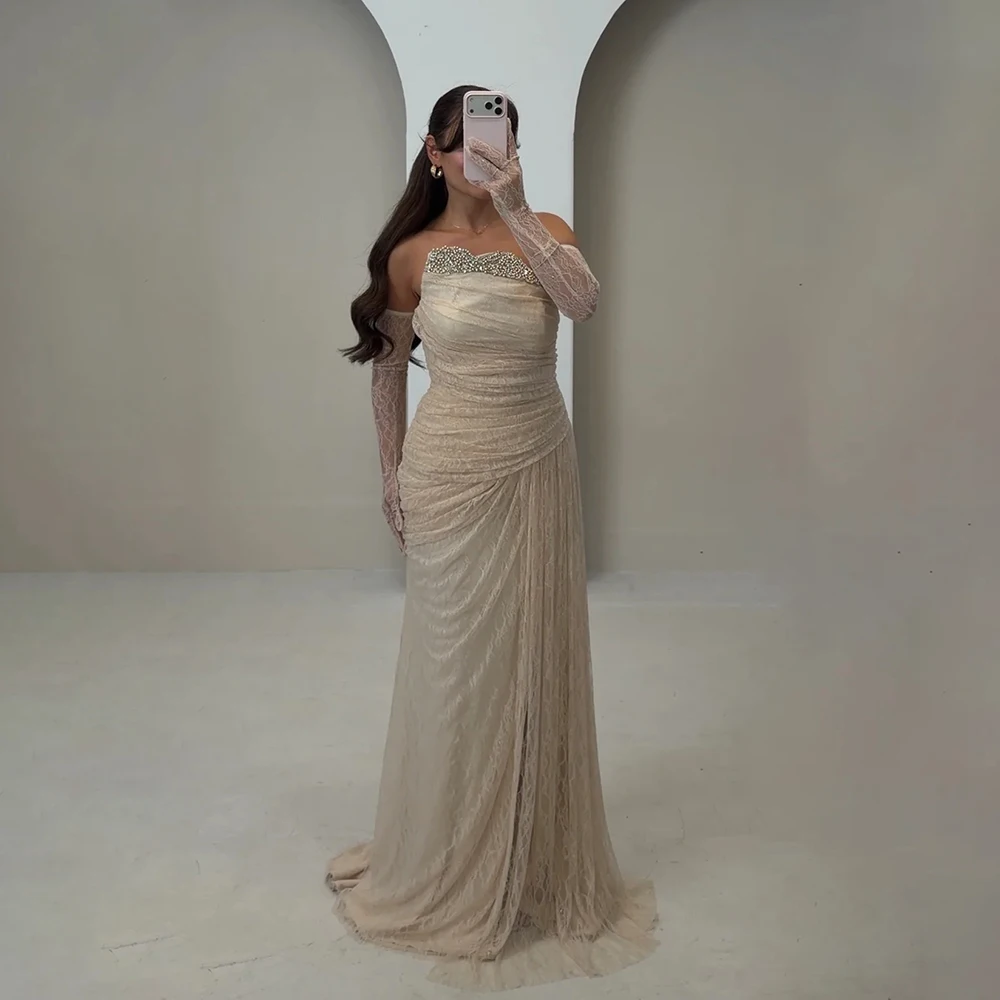 Strapless Lace Evening Dresses Diamond Applique Pleated Women's Formal Evening Gowns Party Prom vestidos de fiesta elegantes