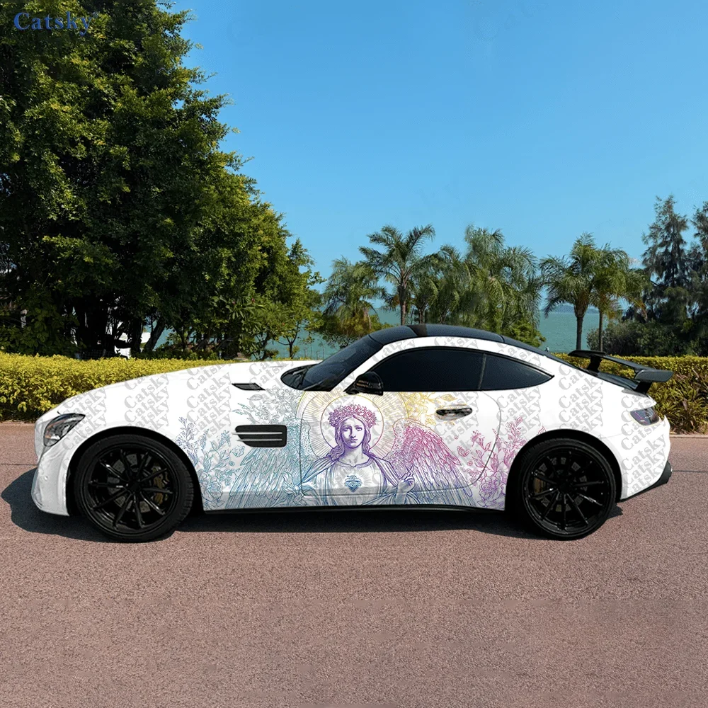 2pcs Religious Saint Figure Car Vinyl Wrap, PVC Material Waterproof Side Car Sticker, Self-Adhesive Scratch-Resistant Stickers
