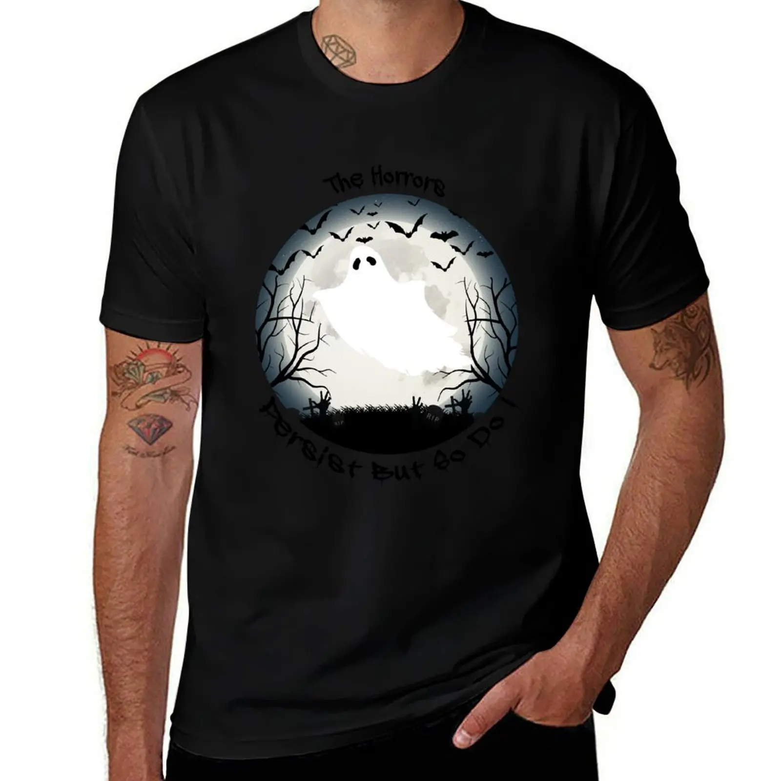 

The Horrors Persist But So Do I Funny spooky Humor T-Shirt vintage t shirts topping shirts graphic oversized t shirt men
