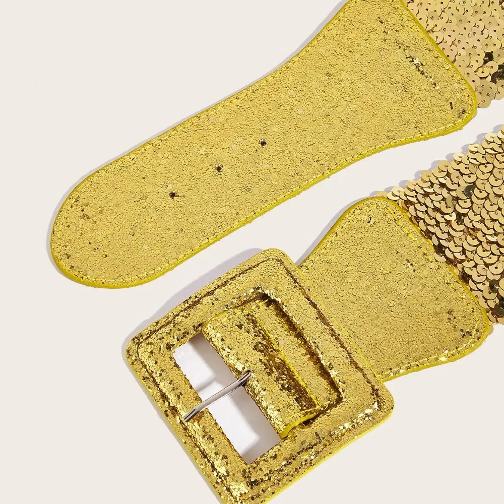 Metal Square Buckle Blingbling Sequin Cummerbunds Shiny Waist Closure Elastic Cummerbunds Coat Belt Suit Decorative Wide Belt