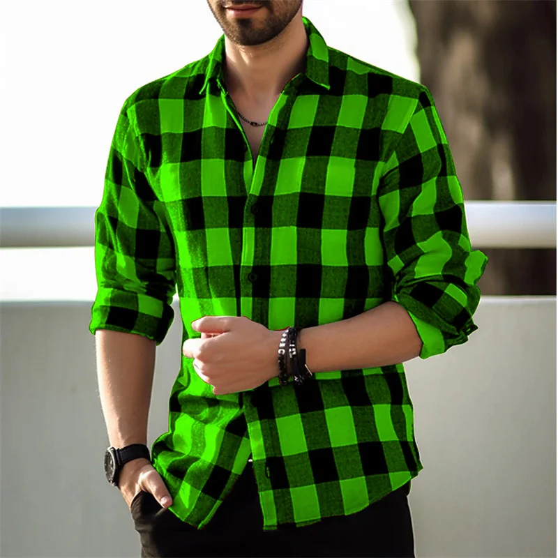 Camisa con estampado a cuadros verdes para hombre, camisa de manga larga con solapa y botones, holgada, informal, transpirable, 9 colores, 2023