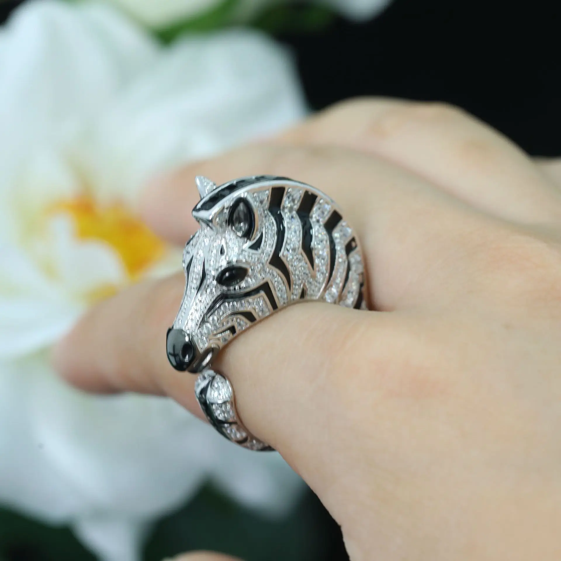 CMajor S925 Sterling Silver Gold Plated Lab-Grown Diamond Black Enamel Zebra Ring for Women High Quality Jewelry