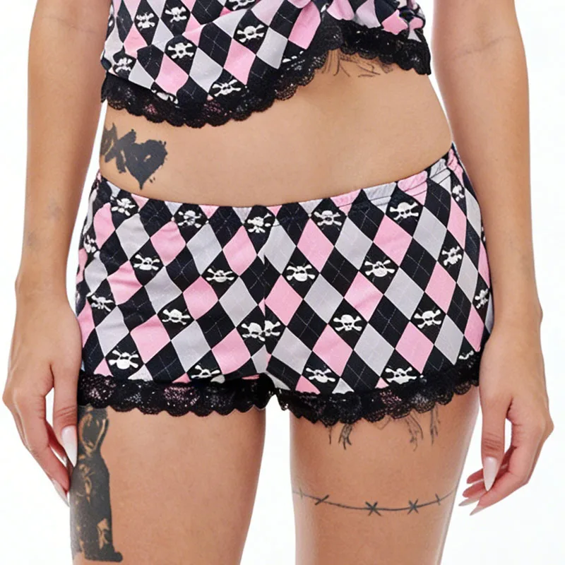 

Шорты Y2K в стиле американских Spice Girls с низкой посадкой, сексуальные, с контрастным клетчатым узором и кружевными вставками, в стиле кавайи, готические, летние, для дома и повседневной носки, хит продаж