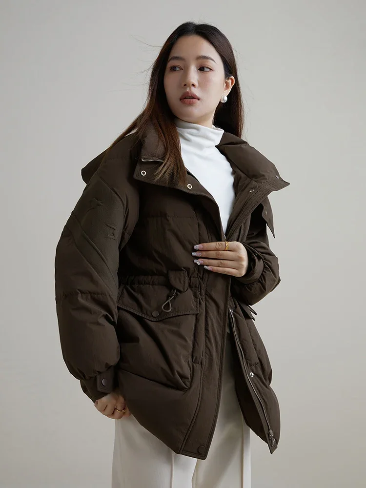 DUSHU 100G Filling Capacity Women Waist Design Winter Coffee Color Down Jackets Detachable Hooded Female Mid-Length Down Coats