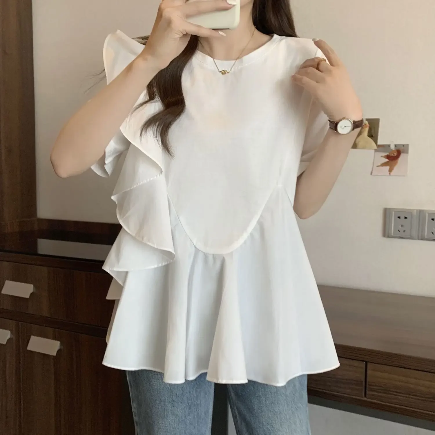 Elegant Temperament T-Shirts Solid Color Patchwork Round Neck Short Sleeve Ruffles Loose Thin Casual New Women\'s Clothing ZL358