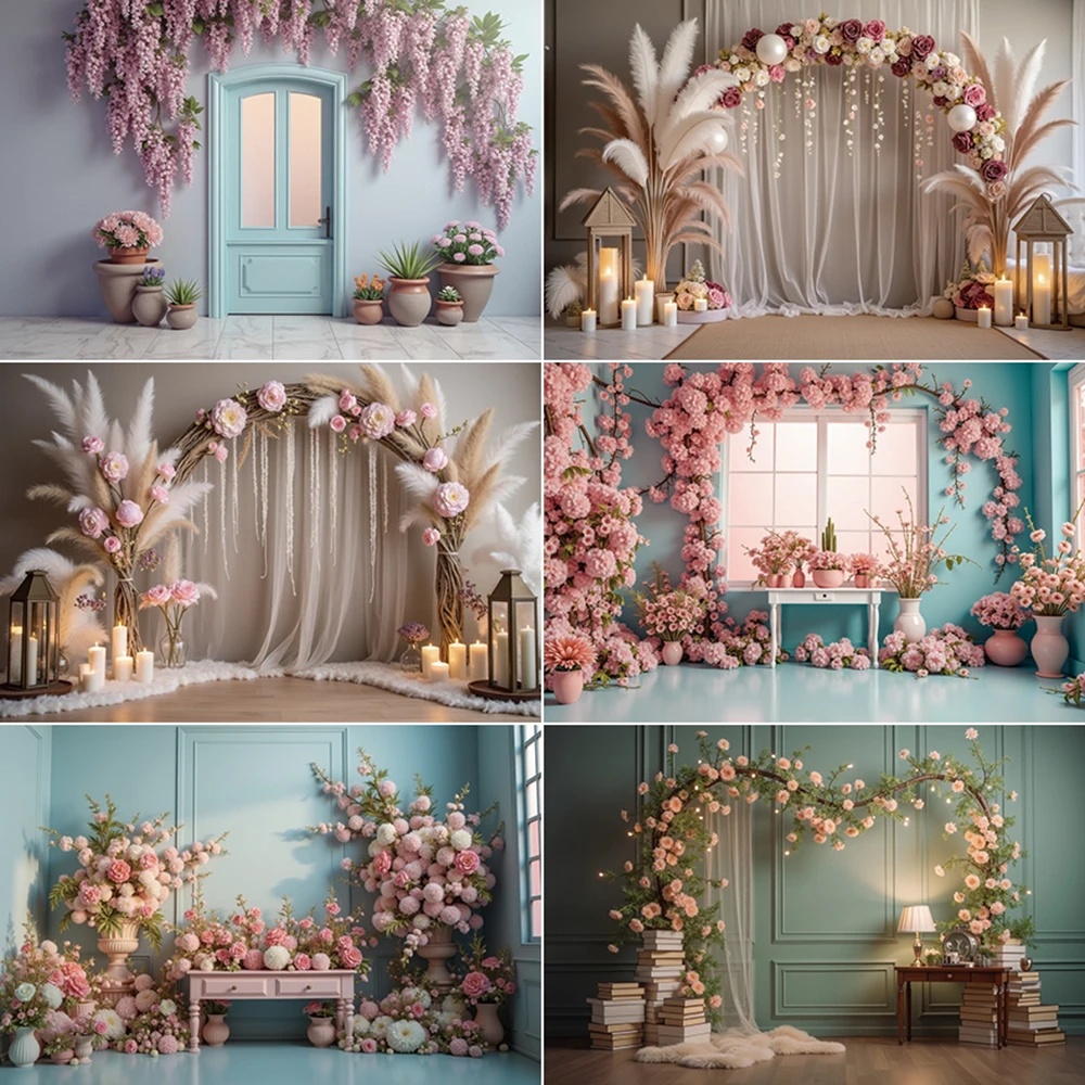 

MOON.QG Hanging Flower Birthday Photozone Background Boho Room Arch Door Frame Backdrop Photography Children Photo Studio Props