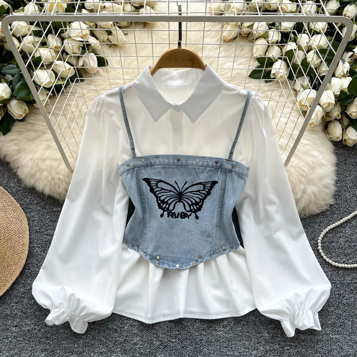 Chic Two-piece Sets Sweet Puff Sleeve Basics Shirt Slim Butterfly Embroidered Vest High Street Women Spring Autumn Clothing