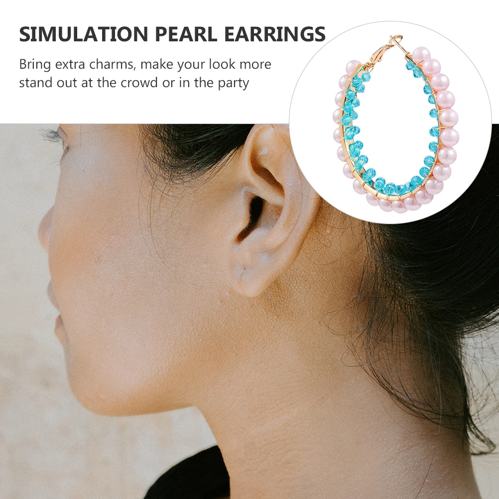 

2 Pairs Pearl Earrings Color Block Simulation Drops Large Circle Danglers Fashion Women Round Ear Jewelry Plastic
