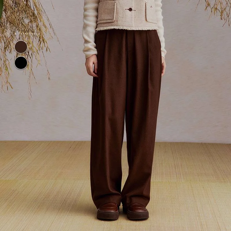 

Women's Straight Leg Long Pants Winter Casual Pure Color Drapey Versatile Black Coffee Color 14442A029 Fashion Ladies Trousers
