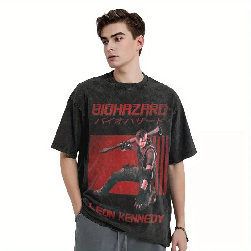 

Hip Hop Street Apparel 2024 Men's Knitted Shirt Game Character Pattern T-shirt Vintage Vintage Wash Black T-shirt Cotton Unisex