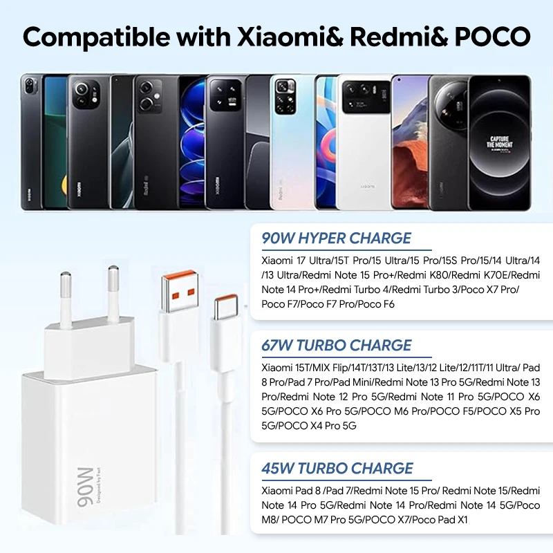 Original 90W Xiaomi Charger Turbo Fast Charger for Poco X7 Pro X6