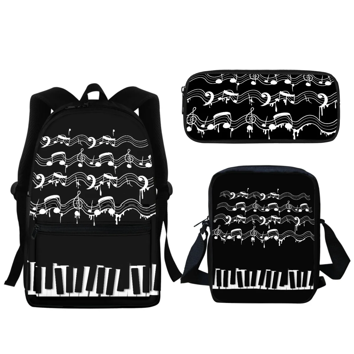 3PC Student School Bag Luxury Piano Key Print Large Capacity Backpack Music Theme Laptop Bag Satchel Pencil Pouch Learning Tool