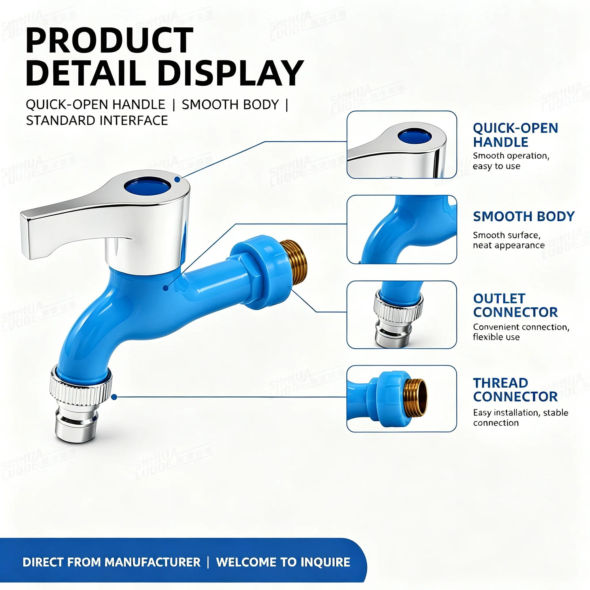 Gloss Blue Wall Mount Washing Machine Faucet Single Lever Cold Water Bib Tap Anti‑Corrosion Brass Thread Polished Chrome Handle