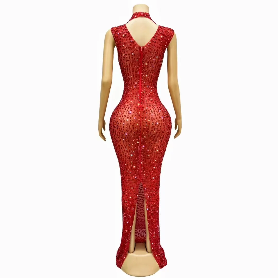 Women Luxury Red Rhinestone Sexy Stretch Mesh Perspective Long Dress Sparkling Stage Perform Costume Club Evening Party Dresses