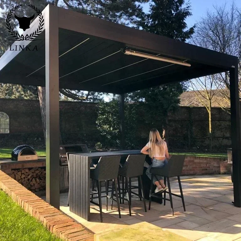 

Garden Louver with Retractable Awning Sunshade Canopy Metal Outdoor Pergola Aluminium Gazebos Space PVC