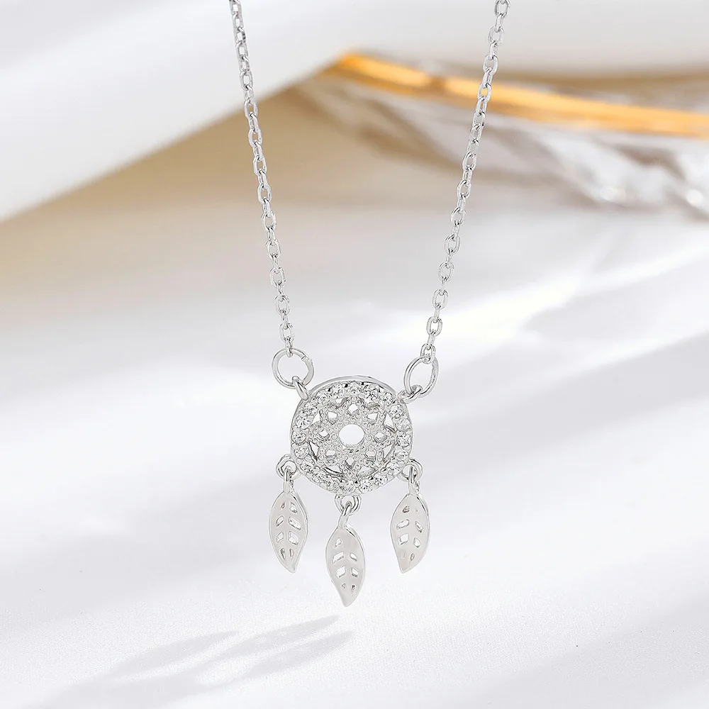 s925 Sterling Silver Dreamcatcher Necklace with Full Drill Diamond for Women, INs Style Feather Pendant Clavicle Chain