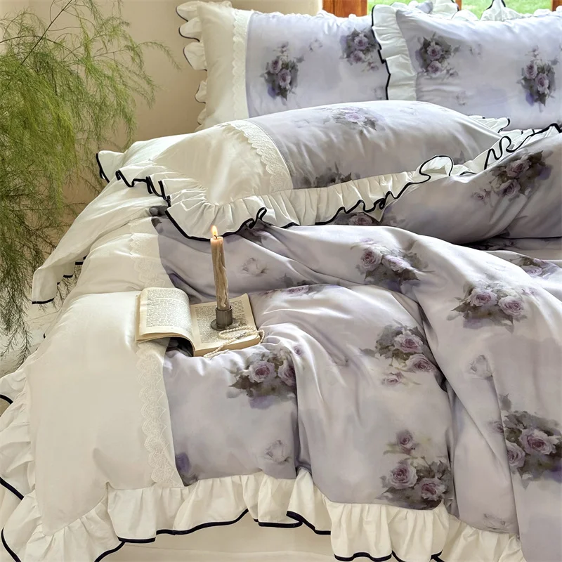 

Purple Retro Style Wrinkled Cotton Print Four Piece Set With French Ruffle Edge Cotton Soft and Comfortable Bedding Sets