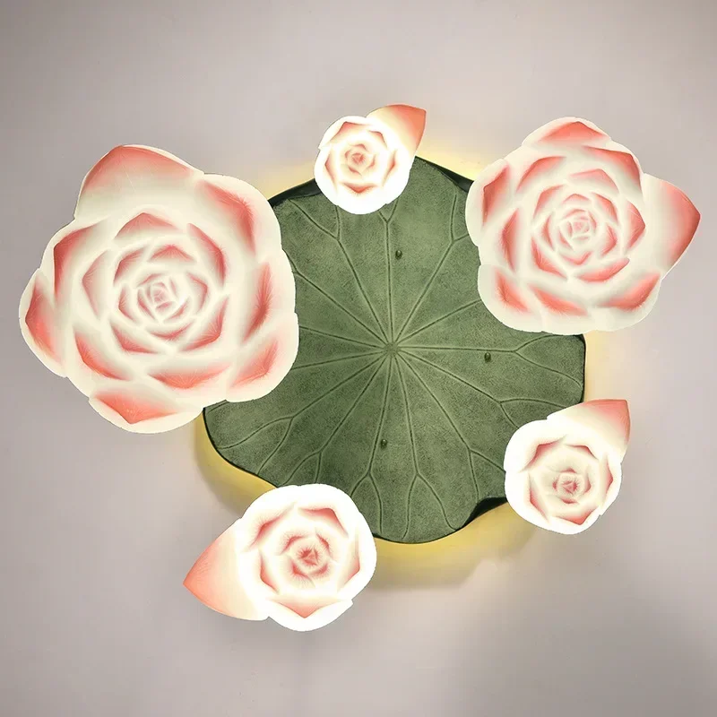 Glass Pendant Pink Lotus Light New Chinese Home Decorative Lamp for Living Dining Room Tea Room - Lotus Lamp Pendant