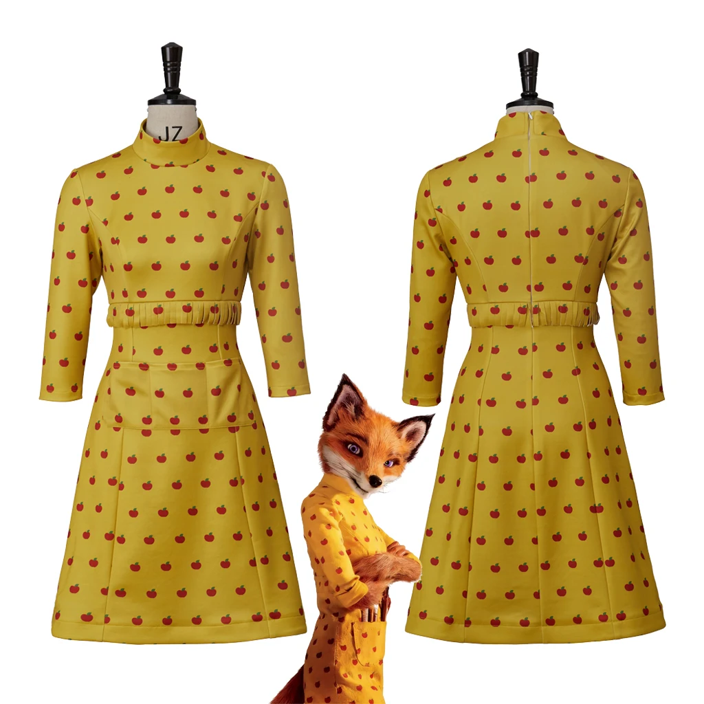 

Fantastic Mr Fox Mrs. Felicity Fox Cosplay Costume Yellow Printed Dress Women Halloween Carnival Party Dress Outfits