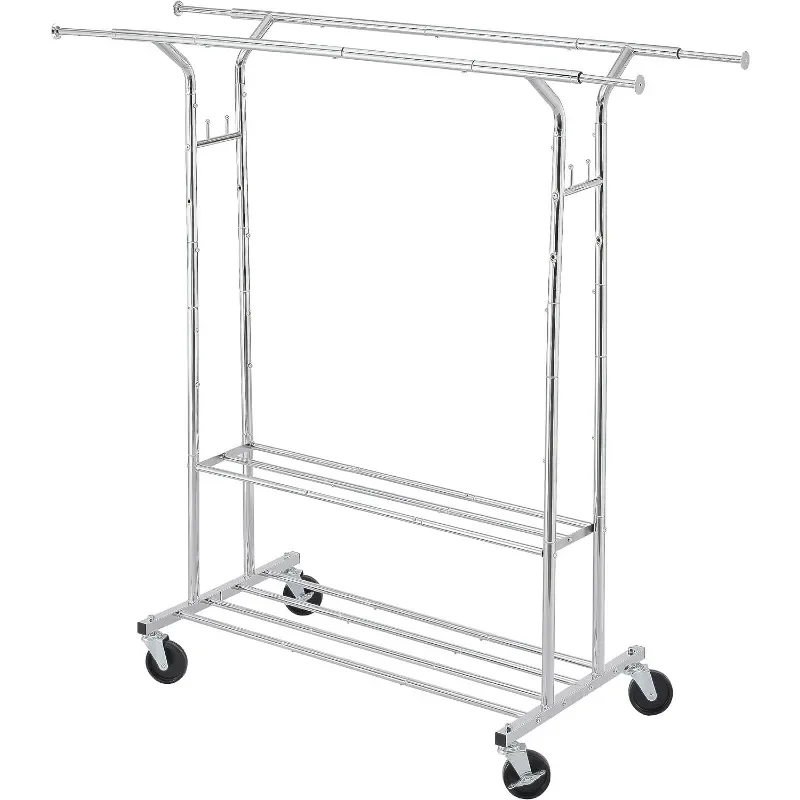 Heavy Duty Clothing Rack Extensible Double Rod with 2 Shelves, Rolling Clothes Rack with Wheels, Rolling Garment Racks