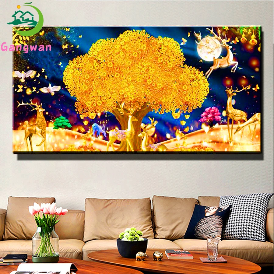 Rich Deer 5d diy diamond painting Golden tree mosaic cross stitch 3d embroidery diamond Full round square Drill fengshui decor