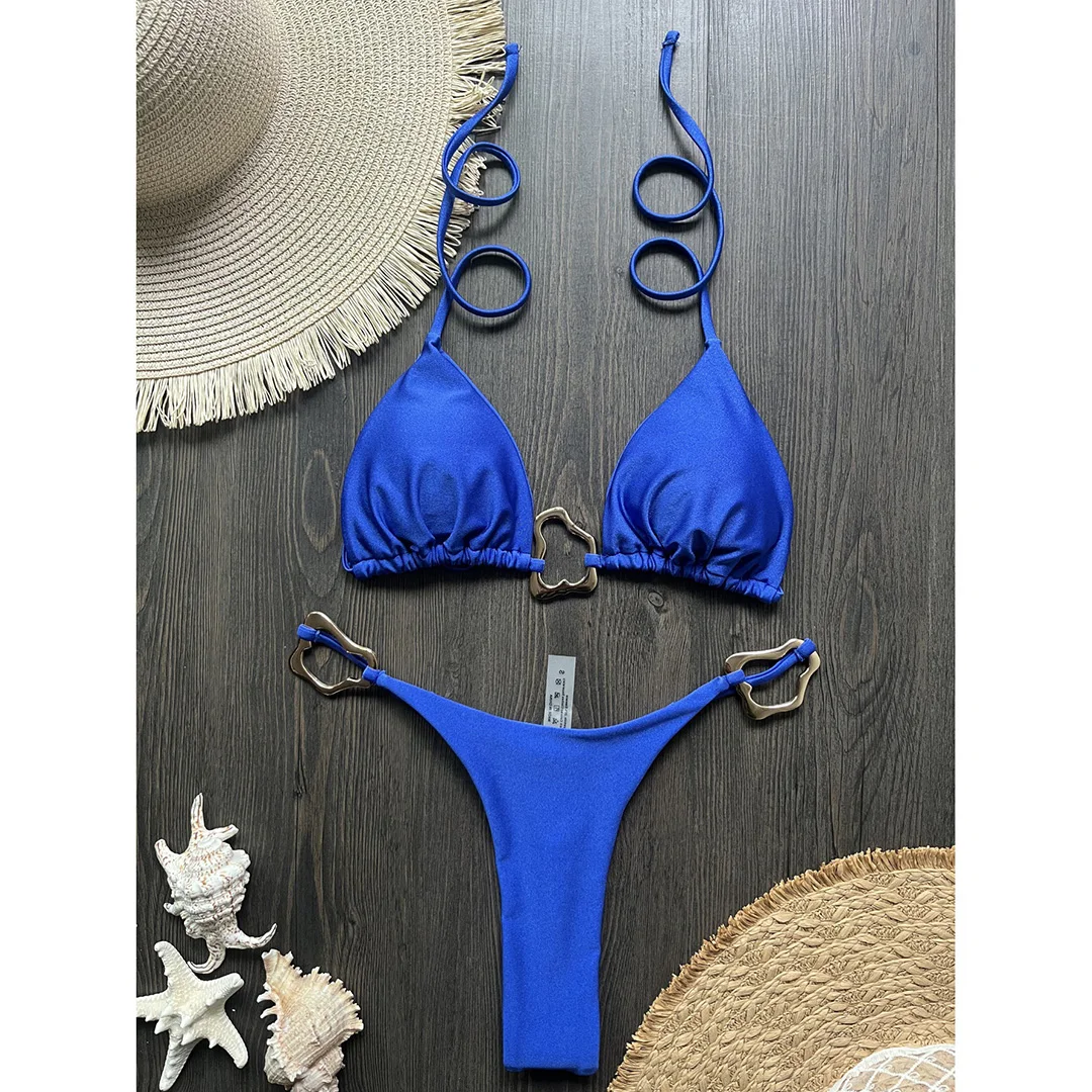 Glänzender Metallring Neckholder Mini-Tanga-Bikini Damen-Badeanzug Zweiteiliges Bikini-Set Badebekleidung Badeanzug Schwimmanzug V6438 – Detail 20