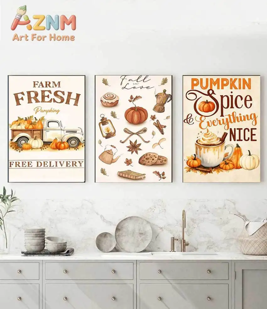 Warm Autumn Coffee Latte Print, Fall Pumpkin Spice Art Poster, Halloween Home & Office Decor Gift