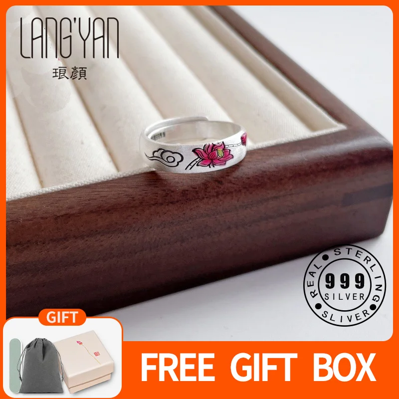 

Langyan 999 Sterling Silver Open Ring Chinese Style Enamel Lotus Lucky Clouds Pattern Finger Rings Jewelry Original Design JZ187