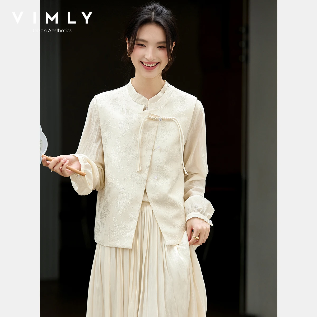 

VIMLY Women's Apricot Top Suit Chinese Style Stand Puff Sleeve Shirts Round Neck Embroider Vest Autumn 2025 Two-piece Sets A3071