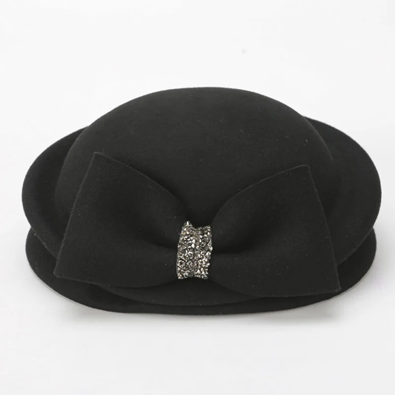 Elegant French Style Women Wool Berets Tam Winter Hats Rhinestone Bowler Hat Artist Boina Bowknot Cap Ladies Fascinator Hat